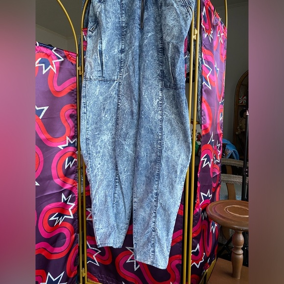 Vintage Beret Boiler Suit Jumpsuit Denim Acid Wash Zip Batwing Dolman 80s Jean - Picture 10 of 15